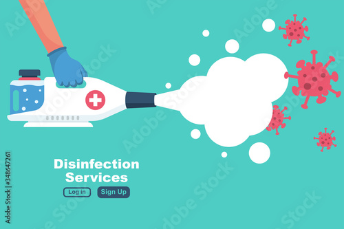 Disinfection services concept. Prevention controlling epidemic of coronavirus covid-2019. Worker in chemical protection disinfects. Vector illustration flat design. Cleaner in hand. Runaway virus.