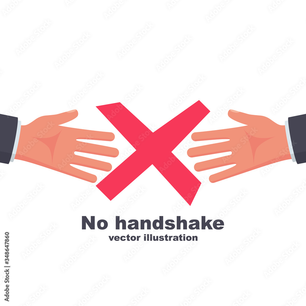 Obraz premium No handshake, red cross sign of prohibition. Flat icon no deal. Infection on hands. Do not contact. No physical contact. Warning sign. Vector design. Precautions and prevention of coronavirus disease.