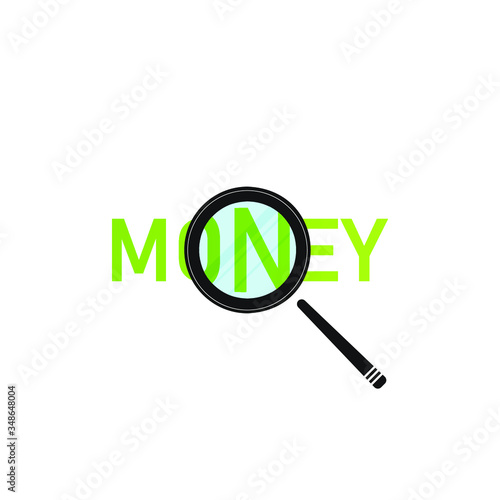 The word money with a magnifying glass with the effect of increasing.