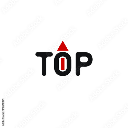 Black word TOP with red arrow, on the white background.