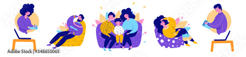 Family with child consultation with psychologist online, vector flat cartoon illustration