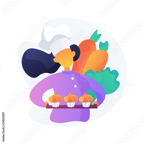 Cook in hat holding delicious desserts. Traditional carrot cupcakes, vegetable muffins, delicious bakery products. Chef cartoon character. Vector isolated concept metaphor illustration
