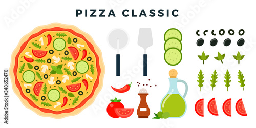 Fototapeta Naklejka Na Ścianę i Meble -  Classic Italian vegetarian pizza and all ingredients for cooking it. Make your pizza. Set of products and tools for pizza making. Vector illustration.