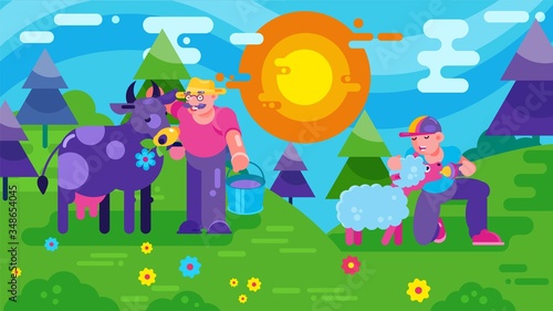 Grandfather farmer takes care animals, bright colorful nature, farm farming outdoors, design, cartoon style vector illustration. yellow-orange sun, man gives water to cow and boy feeds little sheep.