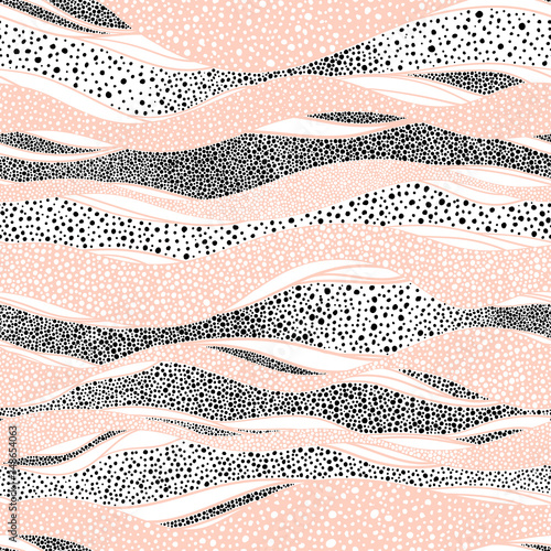 Cute seamless wavy pattern. Doodle style abstraction. Ornament polka dot. Pink, white and black colors. Vector illustration.