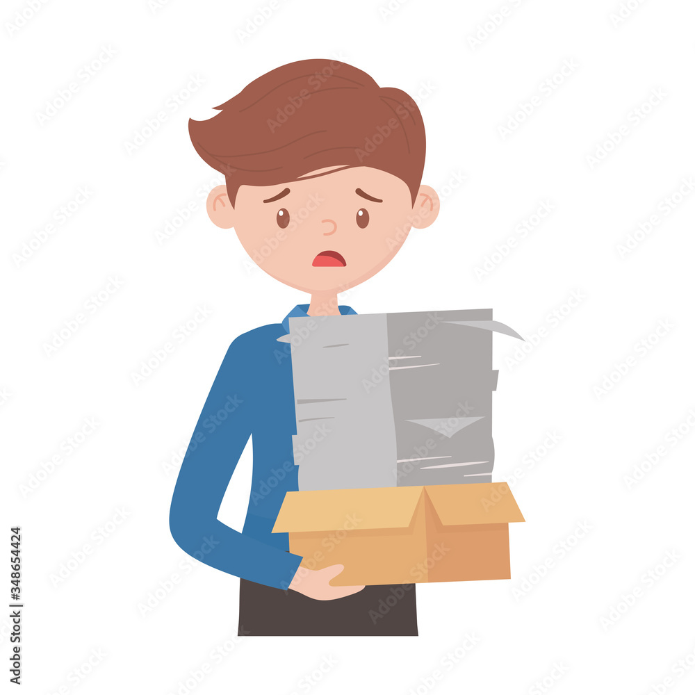 stressed employee cardboard box and papers stack isolated design stressed employee cardboard box and papers stack isolated design