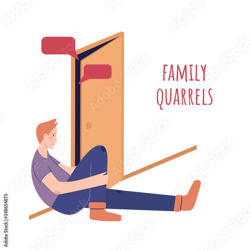 Teenage problem concept. Family quarrels. Upset teenager sitting on the floor in his room and listening quarrels of his parents behind the door.  Vector flat cartoon illustration