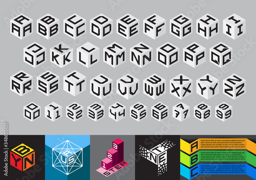 Cubic font. Block alphabet. cube monograms. Geometric isometric info-graphic vector.