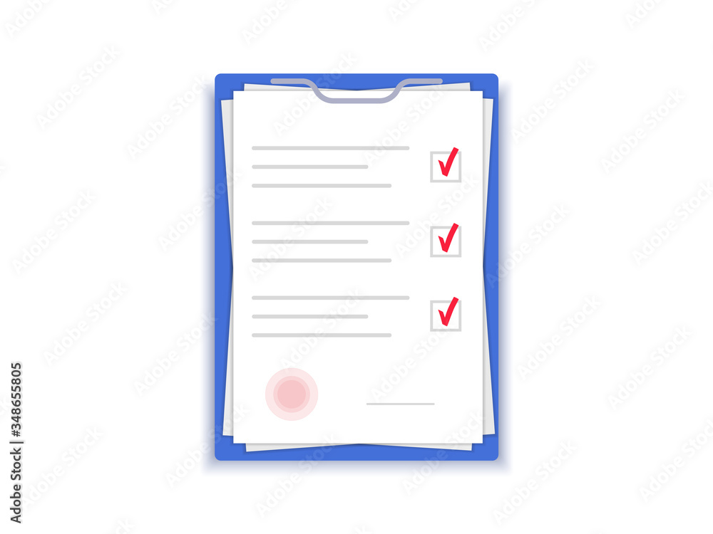 Document with stamp. Agreement papers. Contract with signature. Vector flat design.