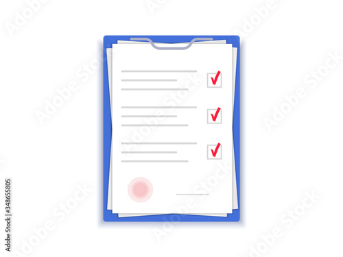 Document with stamp. Agreement papers. Contract with signature. Vector flat design.