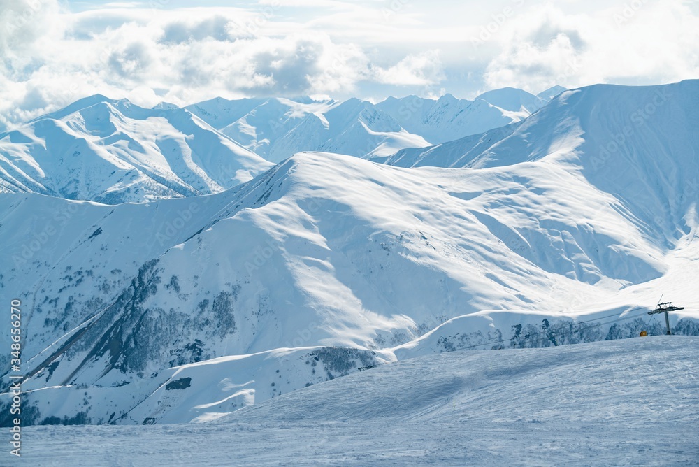 Aerial drone Gudauri ski resort in winter. Caucasus mountains in Georgia