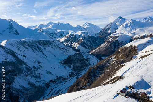 Aerial drone Gudauri ski resort in winter. Caucasus mountains in Georgia © Chawran