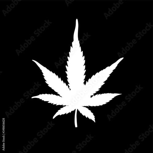 White hemp leaf isolated on a black background. Silhouette of cannabis. Vector illustration
