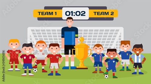 Sport football boy teams with trainer, footballing field, goal, trophy cup on vector cartoon soccer character champion illustration. Concept of footballer competition on field. Happy kids, balls.