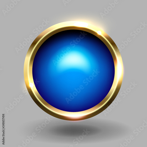 Blue shiny circle blank button with gold metallic frame, vector element for web