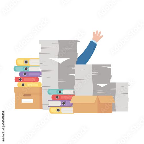 stress at work, hand pile of papers and many binders and boxes