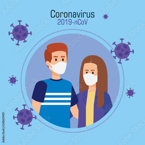 couple using face mask with particles 2019 ncov vector illustration design