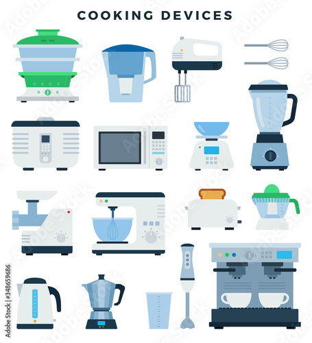 Kitchen appliances and electronics, colorful flat design icons set. Vector illustration, isolated.