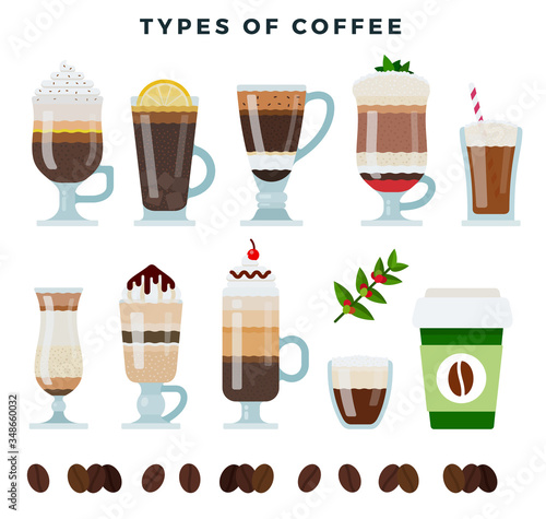 Different types of coffee. Various coffee drinks, set, isolated on white background. Vector illustration.