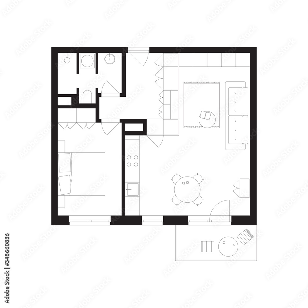 Floor plan of small apartment or studio. Architecture project drawing. Vector illustration isolated on white background Floor plan of small apartment or studio. Architecture project drawing. Vector illustration isolated on white background
