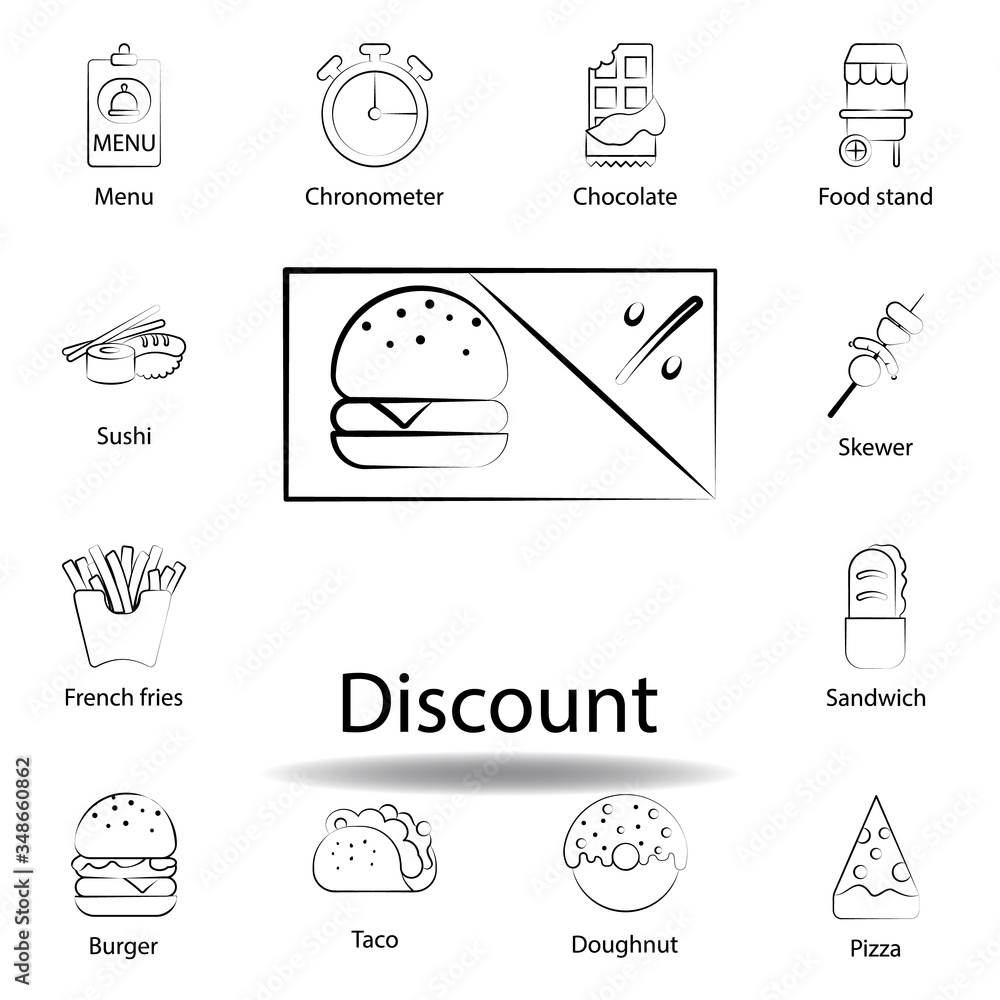 Fototapeta premium fast food discount outline icon. Set of food illustration icon. Signs and symbols can be used for web, logo, mobile app, UI, UX on white background