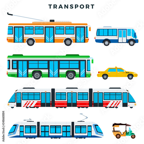 Collection of public transport. Municipal city transport, vector icons. Illustration in flat style.