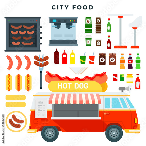 Hot dog truck. Fast food mini van and set of various street food and drink. Vector illustration in flat style.