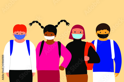Children wearing masks and going to school. Children's first epidemic experience. For safety reasons (Covid-19 or coronavirus). 
