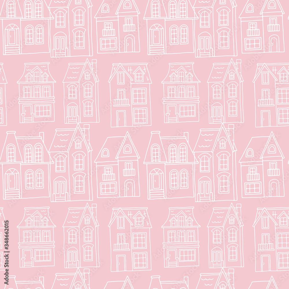 Vector seamless pattern with the image of vintage monochrome houses on a pink background. Design for printing postcards, posters, leaflets, bedding, wrapping paper, fabric.