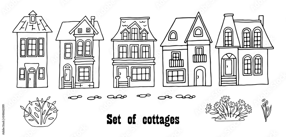 Many different houses, detached, single-family houses with gardens. Hand drawn vector illustration on a transparent background. Design for printing postcards, fabrics, posters.