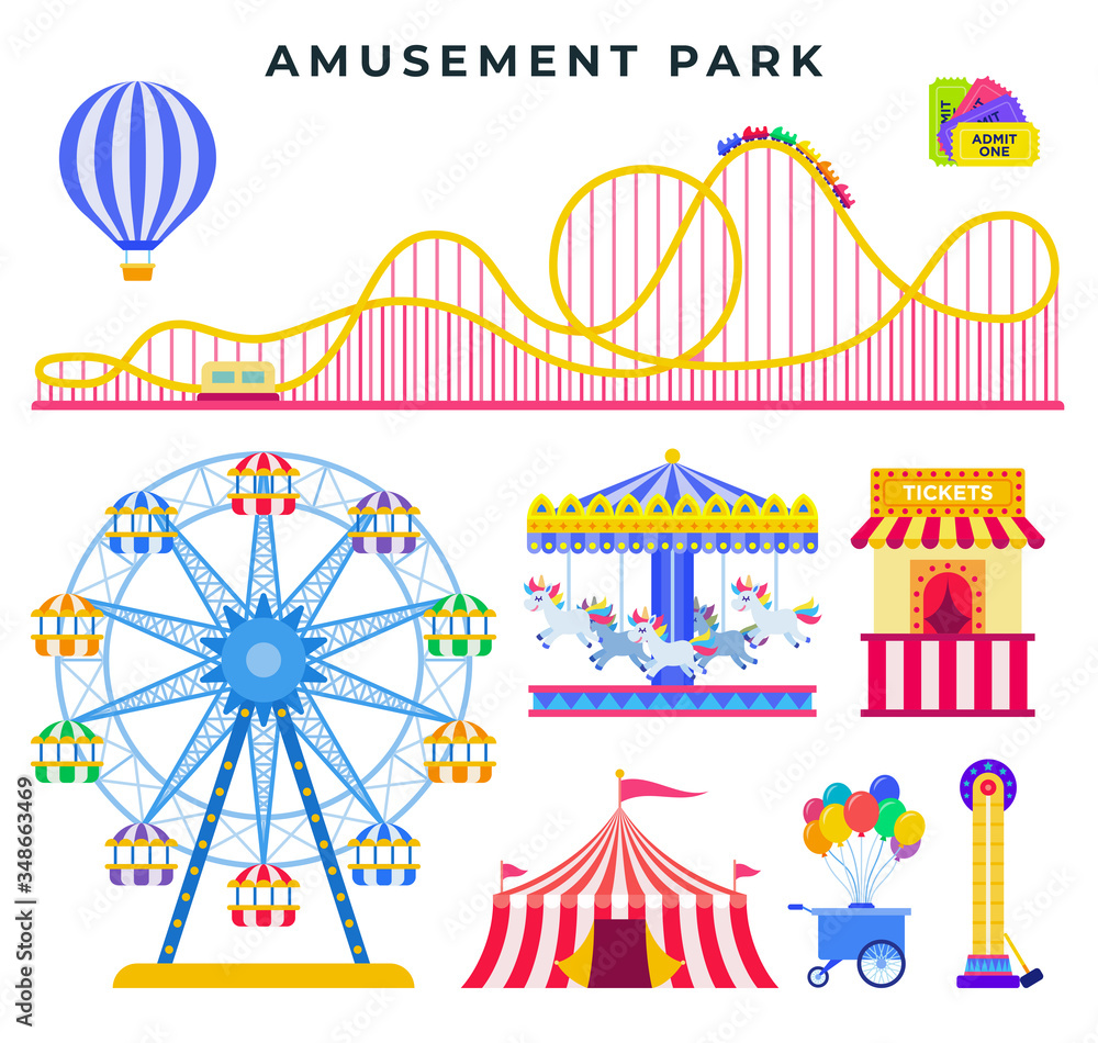 Amusement park flat elements, isolated on white background. Everything for family rest in the park. Vector illustration. Amusement park flat elements, isolated on white background. Everything for family rest in the park. Vector illustration.