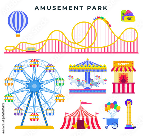 Amusement park flat elements, isolated on white background. Everything for family rest in the park. Vector illustration.