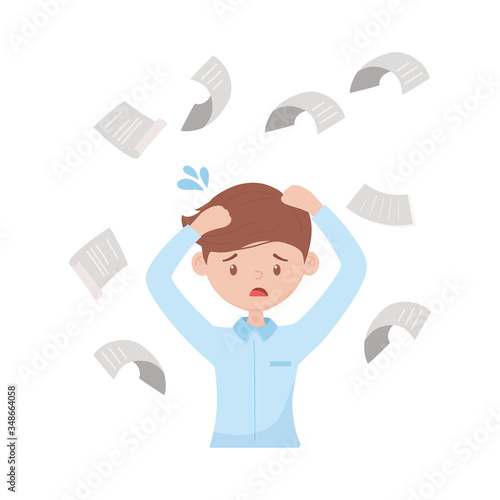 stress at work, exasperated worker falling papers and documents