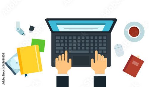 Businessman workplace hands working laptop.