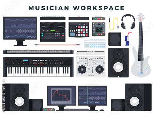 Musician workspace, set of elements. Musician's working digital equipment, musical instrument, computer, software. Vector illustration.