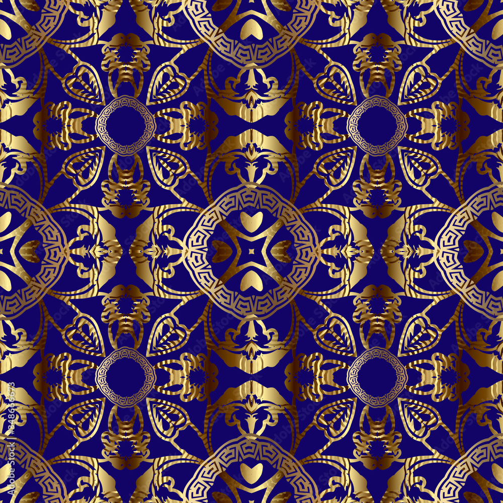 Royal gold 3d vintage vector seamless pattern. Floral grunge Baroque style background. Repeat backdrop. Modern greek key meander golden ornament. Circle frames, mandalas, shapes, flowers, leaves