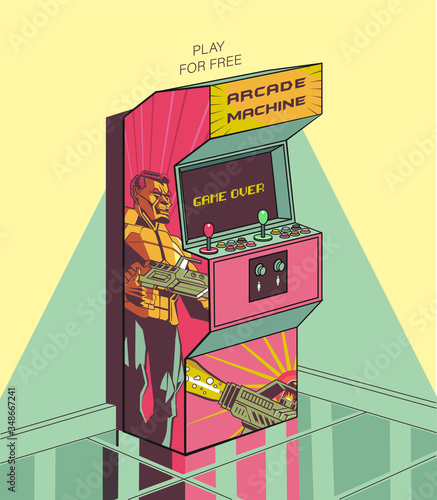 Arcade Machine. 80 decade fixed console. 2 player 8 bit video game. Colorful retro and vintage style isometric poster. Game over Screen. Old school Joystick or controller.