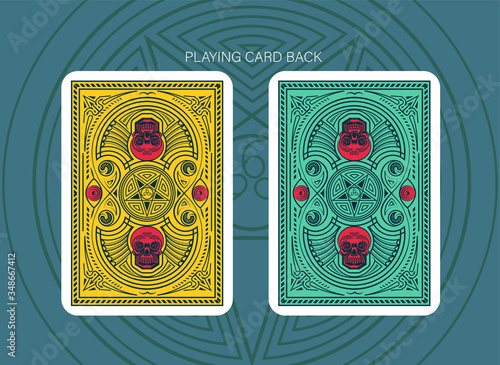 royal flush of spades , hearts or diamonds. pair of back cards. Playing card. satanic pattern.