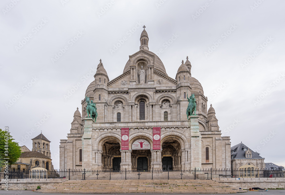 Paris, France - 05 09 2020: Montmartre district. The Basilica of the Sacred Heart, during confinement against coronavirus