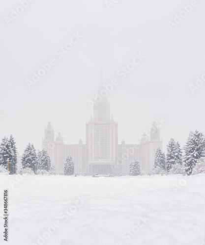 Moscow State University (MSU) in the snow. Snowy city landscape.