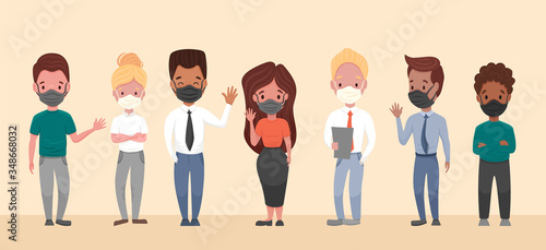 Group of different multinational black and white people wearing medical masks to prevent disease, flu, air pollution, contaminated air, world pollution. Vector illustration in a flat cartoon style