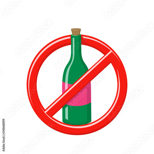No alcohol sign. Forbidden drink symbol. Not allowed entrance with wine, beer, whiskey or champagne. Vector cartoon illustration of prohibited booze, red crossed out circle with green wine bottle