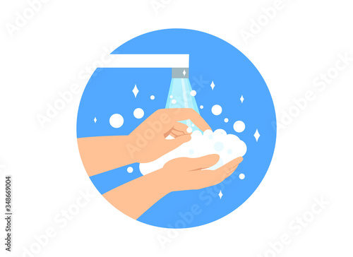 Person washing their hands with soap under running water from a tap or faucet conceptual of Covid-19 hygiene, colored vector illustration