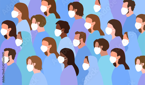 Crowd of diverse people wearing face masks as protection against the Covid-19 pandemic all facing to the left of the frame, colored vector illustration