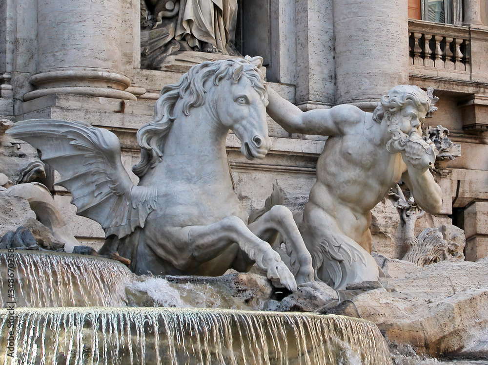 Detail of Fontana di Trevi, Trevi Fountain: Triton and a seahorse. Rome, Italy