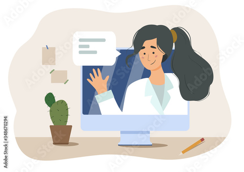 Doctor consulting online computer home. Isolated flat vector illustration. Computer screen with doctor giving advice to patient online. Tele medicine and health care concept. COVID-19, quarantine