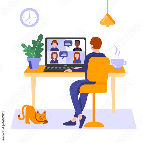 Man at home hold video online conference. Video meeting and interview. Man stay at home, work freelance, e-learning or studying online in laptop. Web chatting. Vector illustration isolated on white