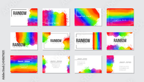 Business cards set with bright watercolor rainbow.
