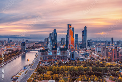 Moscow city landscape from a height. Buildings of the business center Moscow City at sunset.