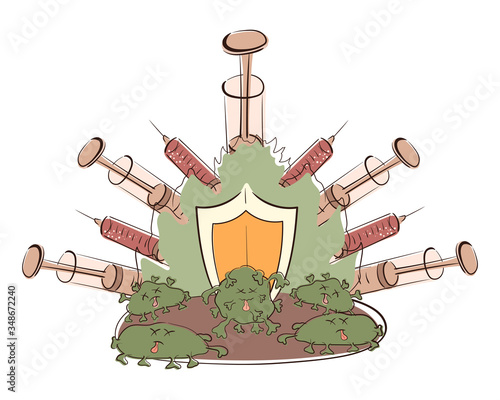 We defeated the coronavirus. Doctors have developed a vaccine against pneumonia, epidemics, pandemics, covid-19. People defend themselves and defeat the virus. Vector flat cartoon illustration.